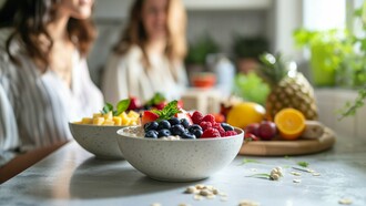 Bowls loaded with fruits and fibre, reflecting the connection between nutrition and inner balance
