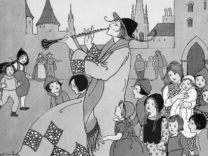 The Pied Piper playing his tunes to the children of a village after the villagers refused to pay him for clearing away the rats