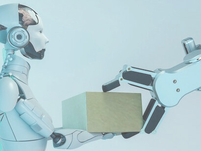 Robots autonomously carrying boxes, replacing human labor in the context of Artificial General Intelligence (AGI) and Industry 4.0