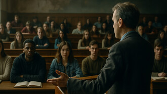 A professor addresses a silent lecture hall, his words hanging in the air — a moment that captures academia’s struggle to keep truth alive amid the noise of a divided world