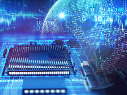 Futuristic blue circuit board and processor 3d rendering