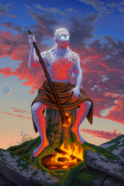 Adrian Cox, The Spectral King Enthroned, 2023, oil on panel, 40x30 inches. Courtesy the artist and Corey Helford, Los Angeles
