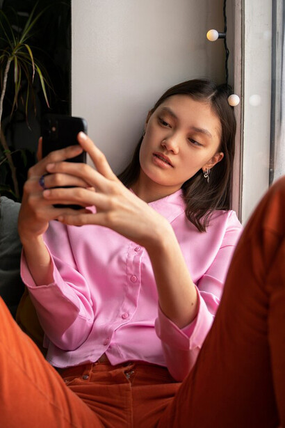 A girl lying indoors, messaging on dating apps, exploring online and digital dating to make social connections