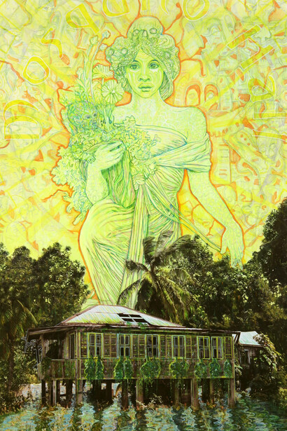 Hew Locke, Mosquito Hall, 2013. Acrylic on chromogenic print, 83 7/8 x 49 3/4 inches (213 x 126.4 cm). Courtesy of the artist, Hales Gallery, P•P•O•W and Pérez Art Museum Miami