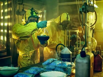 A scene from Breaking Bad where the protagonists are cooking meth