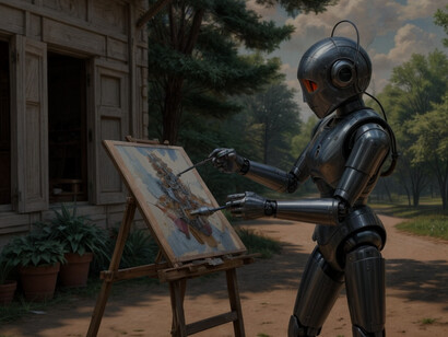 Un robot che dipinge. Quest'immagine è stata creata dall'intelligenza artificiale