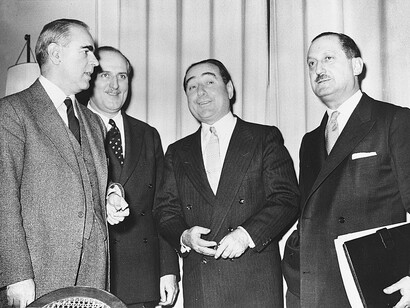 Greek Prime Minister Karamanlis, Turkish Foreign Minister Zorlu, and Turkish Prime Minister Menderes during negotiations in Zurich