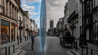 In der Bold Street zwischen Läden, Cafés, Restaurants und sogar auf den Bürgersteigen sollen Menschen eine andere Dimension der Realität durch sogenannte Time Slips (dt.: Zeitverschiebungen) erfahren haben. Bild: Nachbildung einer Zeitverschiebung in der Bold Street in Liverpool, England