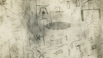 St. Elizabeth's Hospital. Reproducciones realizadas por un paciente, un caso perturbado de esquizofrenia, usó alfileres o uñas para rascar la pintura de la pared, capa superior de pintura de color chamariz, superpuesta sobre una capa de color rojo ladrillo de pintura. Las imágenes simbolizan eventos en la vida pasada del paciente, y representan un estado leve de regresión mental. Sin fecha, pero probablemente principios del siglo XX.Otis Historical Archives National Museum of Health and Medicine, Silver Spring, EE.UU.