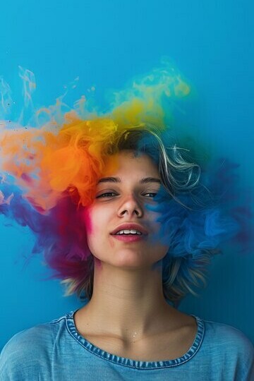 A woman with radiant rainbows emerging from her mind on a blue background
