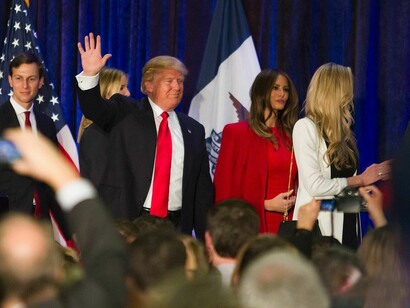 After securing his place in the top three in the Republican caucuses, presidential candidate Donald Trump spoke briefly to a crowd a watch party, Feb 2 in West Des Moines