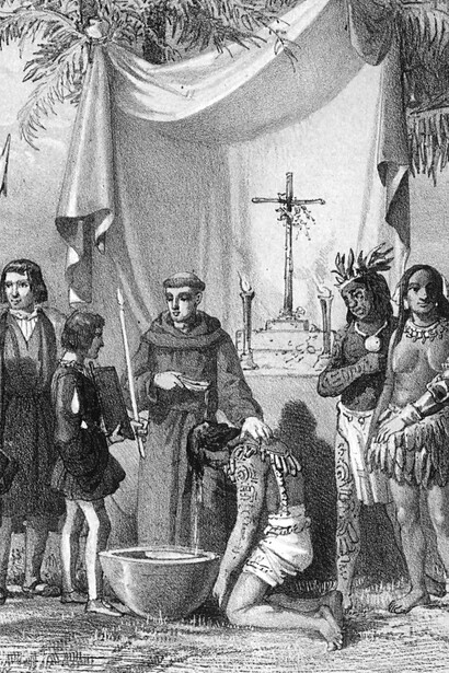Indígenas prisioneros en la isla de Cuba reciben el bautismo a manos de fray Bartolomé de las Casas