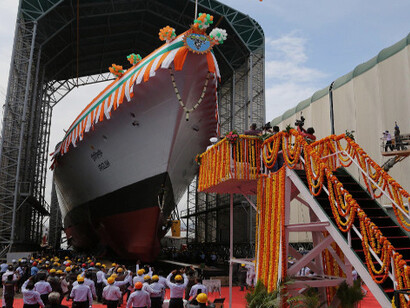 Indian Defence Minister Rajnath Singh launches Yard 12651, the INS Nilgiri, in Mumbai, marking a significant milestone in India's indigenous naval shipbuilding efforts, India