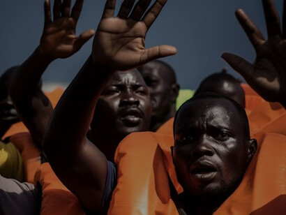 Individuals donning life jackets amidst a migration crisis, aboard boats crossing the Mediterranean Sea from Africa