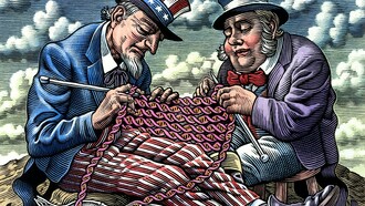 Investigación angloamericana sobre el genoma humano, representada por el Tío Sam y John Bull tejiendo ADN. Dibujo en cartón rascado de Bill Sanderson, 1990, Colección Iconográfica