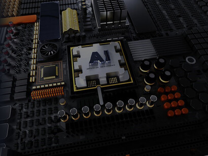 A computer-generated image of a processor with the letters "AI" on top, highlighting concepts of memory formation, artificial intelligence (AI), and quantum computing