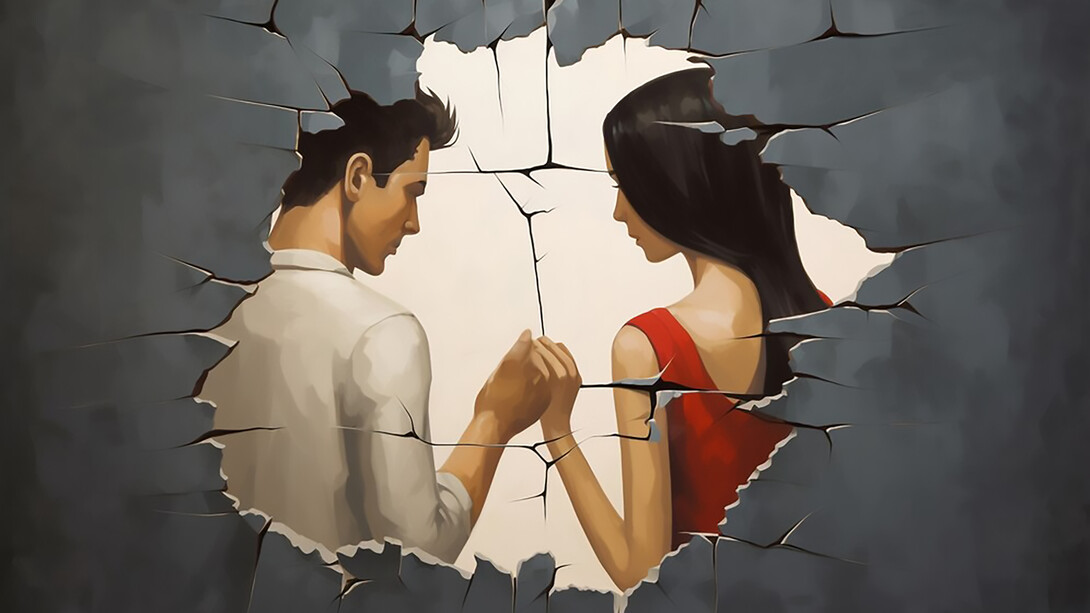 A couple with a broken heart painted behind them, portraying relationship challenges and emotional complexity, generated by AI