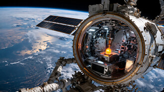 An orbital manufacturing module operates above Earth, where molten material forms in microgravity—illustrating how space is becoming the next frontier of industrial production