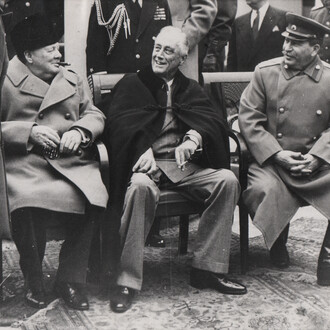 U.S. Army Signal Corps, “Winston Churchill Groups at Conference in Yalta”, February, 1945, siler gelatin print on glossy fibre paper, printed June 27, 1976, 16,5 (17,9) x 21,7 (23,3) cm
