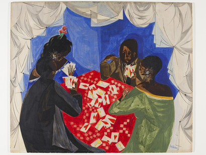 Jacob Lawrence (1917–2000)
The Card Game, 1953
Tempera on board, 19 x 23½ in.
SCAD Museum of Art Permanent
Collection
Gift of Walter O. Evans and
Mrs. Linda J. Evans
© 2018 The Jacob and Gwendolyn Knight Lawrence Foundation, Seattle / Artists Rights Society (ARS), New York