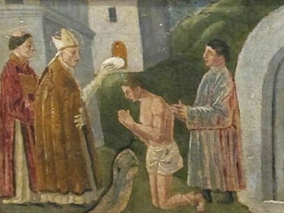 Lorentino d’Andrea, *Madonna con Bambino, san Gaudenzio e beato Columato*, 1482, predella, *San Gaudenzio battezza presso la Fonte Tuta*, Museo Nazionale d’Arte Medievale e Moderna di Arezzo