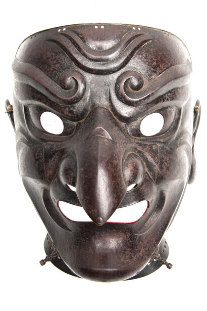 Full-face mask, Edo period, early 19th century. Iron and lacquer. Collection Adoree and Richard Suran. Photography by Forrest Cavale and ZacForrest Cavale and Zach Niles ofThirdElementStudios.com