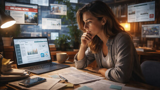 Surrounded by noise and competing narratives, she pauses to think critically—separating information from assumption in a world that rarely slows down
