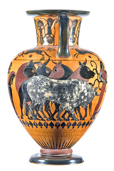 Neck amphora depicting Heracles' confrontation with triple Geryon: exploring ancient mythology