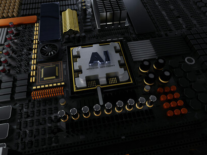 The image depicts a computer chip featuring the "AI" label, highlighting the themes of AI regulation, codes of practice, and overall AI governance