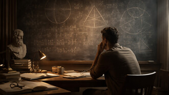 A quiet moment of reflection where mathematics and philosophy converge—logic, doubt, and reasoning unfolding in a solitary search for understanding