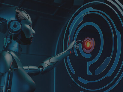 Navigating the data deluge and information overload, a robot symbolizes society's quest for wisdom amidst advancing technology and AI