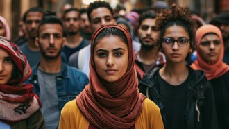 A woman leading a public gathering, reflecting the visibility and influence of women in shaping public dialogue