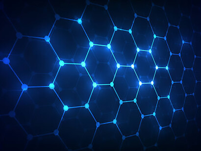 A cutting-edge, futuristic abstract featuring a dark blue hexagon technology motif, evoking a sense of innovation and modernity