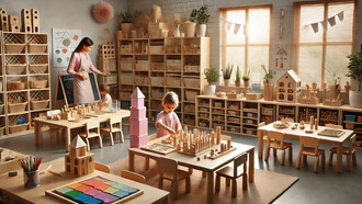 Un'aula Montessori ben organizzata e luminosa, dove una maestra supervisiona i bambini impegnati in attività autonome con materiali didattici in legno, promuovendo l'apprendimento pratico e l'indipendenza