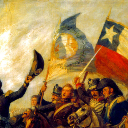 Pedro Subercaseaux, "Abrazo de Maipú" (detalle), recuperado del libro "Chile y Argentina, la cordillera que nos une"