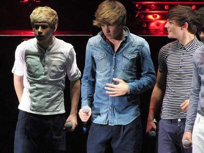 One Direction, The X Factor Live, SECC, Glasgow, 1 April 2011. From left to right: Harry Styles, Niall Horan, Liam Payne, Louis Tomlinson, Zain Malik, UK