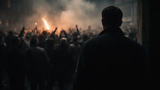 A solitary observer watches as the crowd gives itself over to spectacle and fire