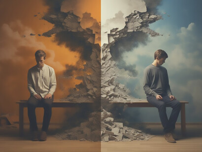 In the split-image portrayal, an individual stands at the crossroads between good and evil, with one side symbolizing virtue and the other embodying malevolence