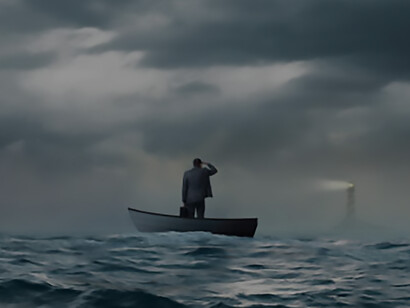 A businessman gazes at a distant lighthouse while stranded on a boat, contemplating the challenges that lie ahead