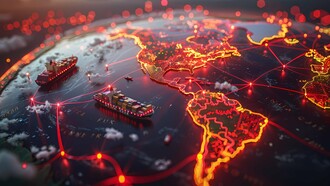 A high-tech visualization of global transportation flows, representing the interconnected nature of modern economies