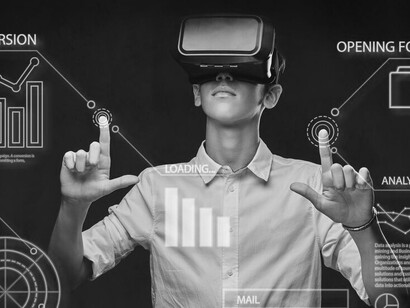 A suited businessman using virtual reality glasses to work in a futuristic financial environment, highlighting advanced automation and future technology