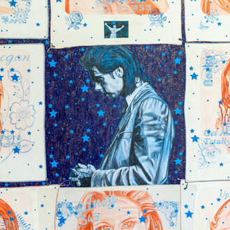 Carole Caroompas, Heathcliff and the femme fatales go on tour: blue impressions are left on her colorless skin (detail), 2001. Courtesy of Anton Kern Gallery