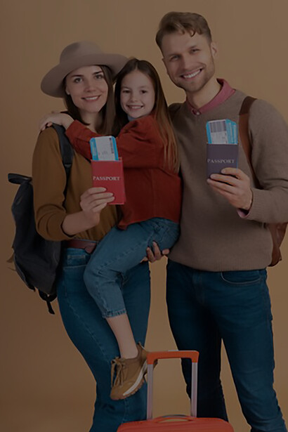 Begin your journey with a captivating image of a young family of three posing together, ready for their exciting travel vacation ahead