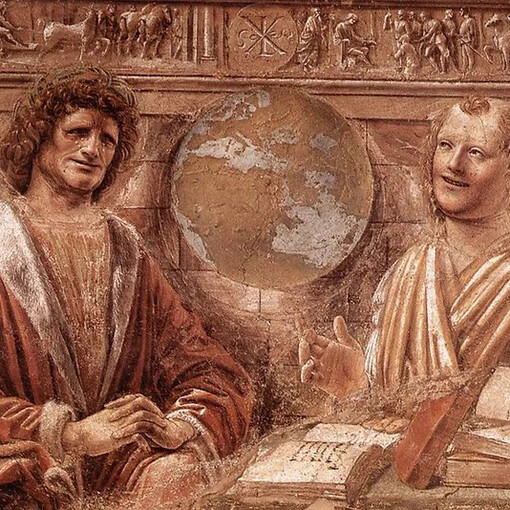 Weeping Heraclitus and Laughing Democritus, fresco transferred to canvas by Donato Bramante (1477), Pinacoteca di Brera, Milan, Italy