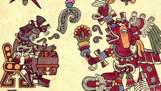 Página 4 del Códice Borbónico que retrata a Maculxóchitl y Huehuecóyotl teniendo una conversación, representada a través del glifo mexica del habla