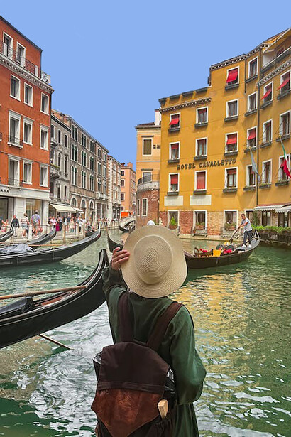 In the midst of her expat adventure, a woman explores Venice, Italy, from a gondola, immersing herself in the city's romantic allure as she navigates the serene waterways