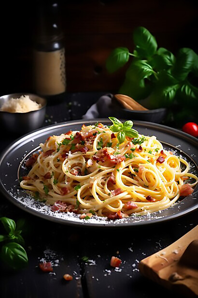A mouthwatering plate of pasta carbonara, a classic Italian cuisine favorite, perfect for indulging in a flavorful pasta dish