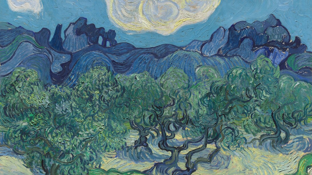 Vincent Van Gogh, "Gli Olivi", 1889, Museo di Arte Moderna, New York, USA.
Dalla sua stanza nell’ospedale di Saint Remy vedeva questa piantagione sullo sfondo delle montagne. Van Gogh trasforma la realtà in un’espressione ideale. Siamo vicini all’astrattismo