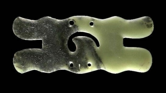 China, Hooked Cloud and Bird Plaque, Late Neolithic Period, Hongshan Culture, ca. 3500-2500 BCE, Jade, H: 2 5/16 in. W: 5 1/2 Th: 1/8 in.