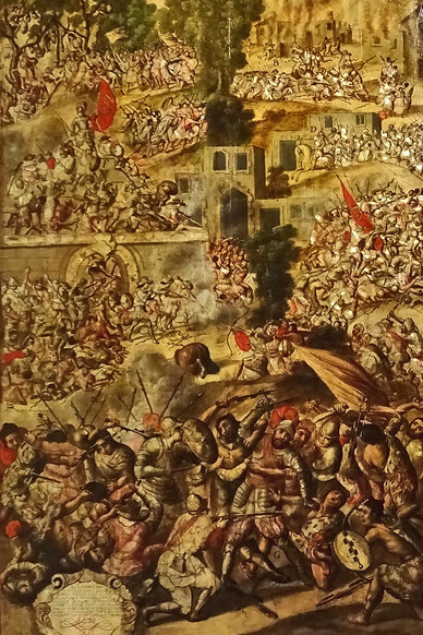 Panel de Conquista de México, enconchado en el Museo de América, Madrid, España